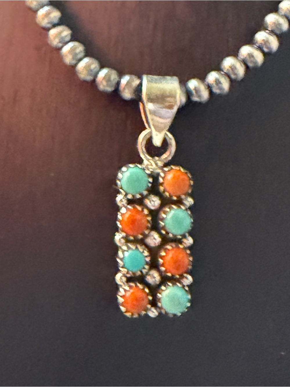 Sterling Silver Pendant with Turquoise and Orange Mojave Accents